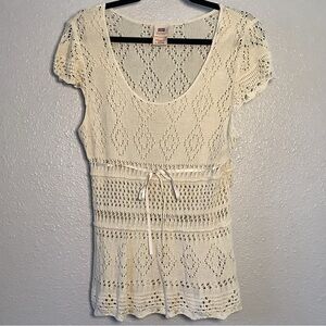 Vintage Y2K Cream Crochet Knit Feminine Bohemian Cottagecore Bow Babydoll Top L